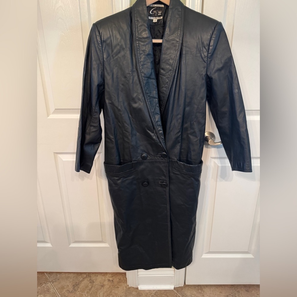 Global Identity G-Ill Vintage Soft Supple Long Black Leather Double Breasted S